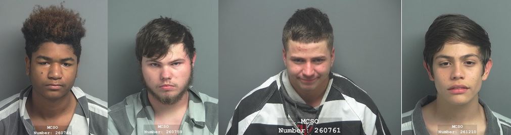 photo line up of four arrested males: Keven Powell, Nicholas Wayne Fruit, Parker Belless and Jakob Blanco